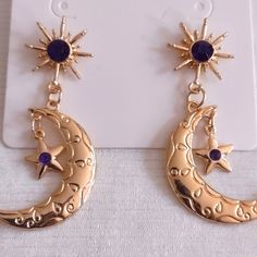 Style: Constellation Color Gold And Purple Dangles Gemstone Details Purple Gold Jewelry, Purple And Gold Fashion, Funky Gold Jewelry, Gold And Purple Aesthetic, Purple And Gold Aesthetic, Purple And Gold Outfit, Purple Adjustable Celestial Jewelry, Purple Handmade Celestial Jewelry, Constellation Accessories