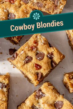 cowboy blondies are stacked on top of each other with chocolate chips in the middle