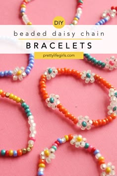 beaded daisy chain bracelets with text overlay reading diy beaded daisy chain bracelets