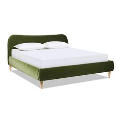 a bed with white pillows and green headboard on top of it, against a white background