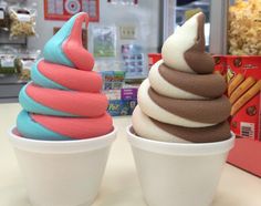 two ice cream cones sitting on top of a table