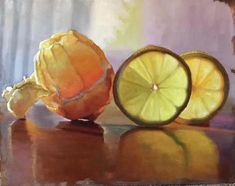 a painting of two lemons on a table with one cut in half and the other whole