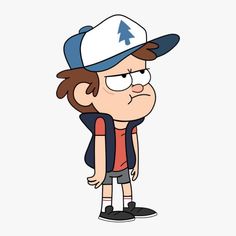 the cartoon character is wearing a baseball cap and blue vest with an arrow on it