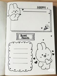 an open book with doodles and pictures on it that says happy, sweet poodles