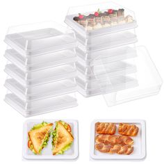 six plastic containers with sandwiches and pastries in them