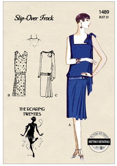 The 1926 Slip-Over Frock has a one-piece front with  tucks or shirring at the shoulders, a two-part back  with a side drape and three necklines to chose from.  It can be sleeveless or have long sleeves. The belt  at the hip cinches everything, creating the bloused  effect. Finished with a large bow at the shoulder. A few Suggested fabrics: Georgette, Crepe de  chine, Crepe Satin, Devore, Lace, Metallics, Velvet Bust 33 - Hip 35 A really simple design that is easy to make. The PDF pattern and Ins 1920s Flapper Dress Pattern, 1920s Inspired Dress Pattern, Slip Over, 1920s Skirt Pattern, 1920s Day Dress Patterns, Flapper Dress Pattern, 1920s Slip Pattern, Vintage Fashion 1930s, 1920s Flapper Dress