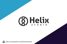 the logo for helix studio is shown in black and white, with blue accents