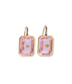 Tile Earrings in Pale Pink. Gold-plated earwires with light pink rectangular glass stones and tiny peridot gems. Single Pink 14k Gold Earring, Gold Plated Earrings With Gemstone Accents, Pink 14k Gold Jewelry With Gemstone Accents, 14k Gold Pink Gemstone Jewelry, Pink Drop Earrings With Gemstone Accents, Pink Faceted Drop Earrings, Pink Brass Earrings As Gift, Pink Brass Earrings For Gifts, Pink Faceted Earrings For Gift