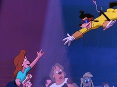 an animated character is flying through the air with other cartoon characters in front of him