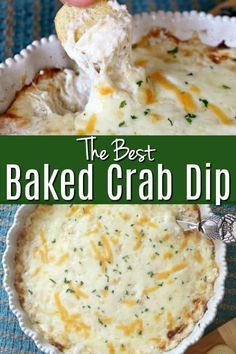 the best baked crab dip recipe in a pie pan with a hand holding a cracker