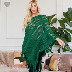 Lightweight Fringe Poncho, Knit, Acrylic, Green And Some Sparkles - Super Cute! One Size Fits Most Casual One Size Open Knit Poncho, Casual Open Knit Poncho One Size, One Size Knitted Poncho, Green Beach Poncho, Open Knit Poncho, Vintage Cape Coat, No Sew Cape, Sequin Poncho, Cute Poncho