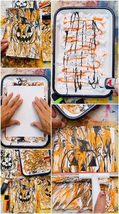 an art project with orange and black paint on canvases, including hands holding a piece of paper