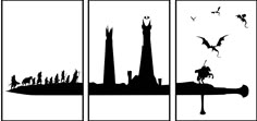 three black and white silhouettes of the wizard's castle