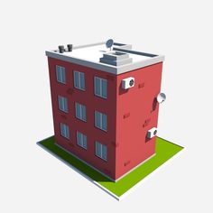 an image of a red building with windows and lights on the top floor that has grass in front of it