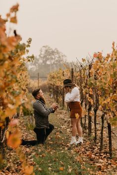 a man kneeling down next to a woman in a field full of trees and leaves