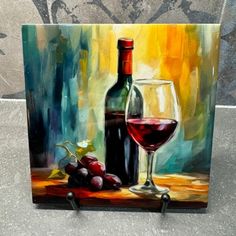 a painting of a wine glass and bottle on a table next to a red grape