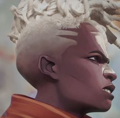 a digital painting of a woman's head with white hair and an orange scarf