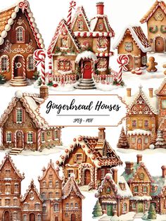 christmas gingerbread houses with candy canes and candies on the roof, in different styles