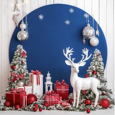 there is a christmas scene with presents and a deer in front of the blue background