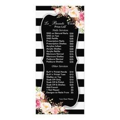 a black and white striped menu with flowers on it