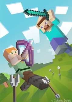 an image of two people playing with each other in minecraft style video game art