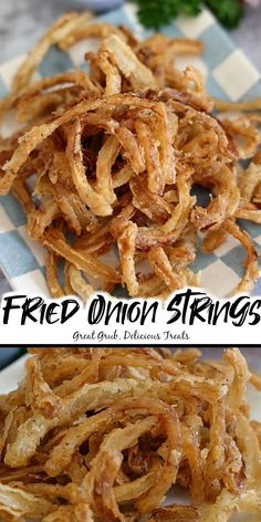 fried onion strings on a plate with parsley in the background and an image of cooked onions