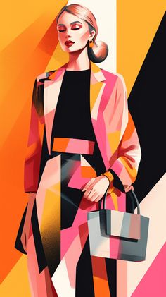 a painting of a woman holding a handbag and wearing a pink, yellow, black dress