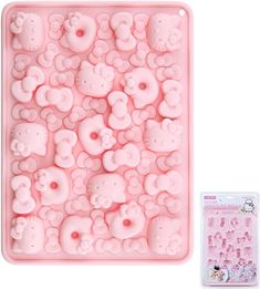 a pink plastic tray with lots of teddy bears on it next to a package of hello kitty stickers