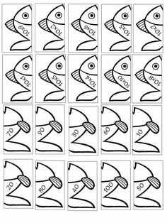 the printable fish pattern is shown in black and white, with numbers on each side