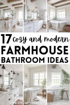 Here you will find 17 easy modern farmhouse bathroom ideas to transform your room on a budget, there are pictures of a variety of different bathrooms, all with unique decorations and colour schemes. Some common themes are neutral colors, white subway tile, rustic elements, bohemian vibes, rustic charm and more. Farmhouse Bathroom Ideas Joanna Gaines, Bathroom Joanna Gaines, Joanna Gaines Bathroom, Modern Farmhouse Bathrooms, Modern Farmhouse Bathroom Ideas, Modern Farmhouse Bathroom Decor, Fixer Upper Bathroom, Farmhouse Bathroom Ideas, Farmhouse Bathroom Design