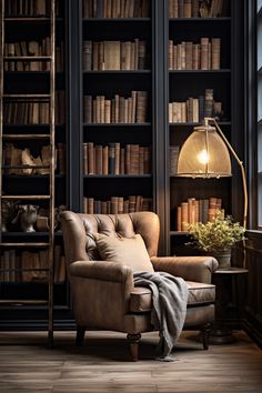 a chair in front of a bookshelf filled with lots of books and a lamp