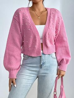 Pearl Beaded Open Front V Neck Drop Shoulder Cropped Cardigan Sweater Outfit Rosado, Cardigan Rosa, Jumper Patterns, Crochet Shrug, Cropped Cardigan Sweater, Pink Cardigan, Knit Tops, Cropped Cardigan, Dress Code