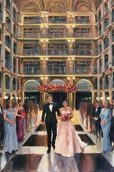 a painting of a bride and groom walking down the aisle in front of their guests