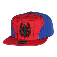 a red and blue hat with a spider man on it