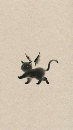 a black and white photo of a cat flying with a bird on it's back