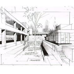 an architectural drawing of a courtyard with trees