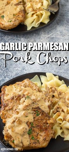 garlic parmesan pork chops on black plates