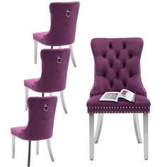 three purple chairs with white legs and one has a book on the back of it