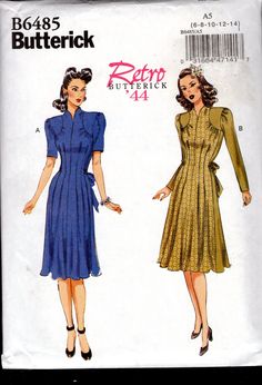 BUTTERICK 6485 SEWING PATTERN VINTAGE 1940'S REPRINT MISSES' DRESS:  Loose fitting dress has back zipper, front tuck detail, attached tie ends, and long or short sleeves. SIZES: 6-8-10-12-14 SEE SIZE CHART IN LAST PICTURE UNCUT/COMPLETE WITH INSTRUCTIONS/FACTORY FOLDED  ENVELOPE CONDITION: it has some wrinkles and creases, crushed, tattered torn, corners, edges, top, flap *THIS IS A SEWING* PATTERN NOT **A FINISHED ITEM** _BUY $35 OR MORE_  GET FREE SHIPPING _*WITHIN THE USA*_ Simple Dresses Classy, Butterick Patterns Vintage, Advance Patterns, Simple Dress Pattern, Retro Sewing Patterns, Front Tuck, Butterick Pattern, Dress Making Patterns