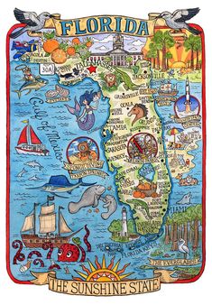 a map of florida with all the states and their major cities on it's side