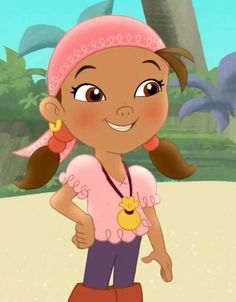 a cartoon girl with a pink shirt and red pants standing in front of a palm tree