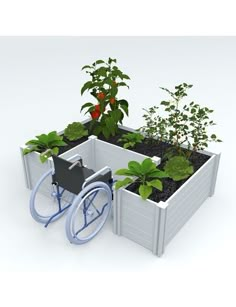 a bike is parked next to a raised garden bed with plants growing out of it