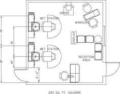 the floor plan for an office with two desks and one sitting area, including a kitchen