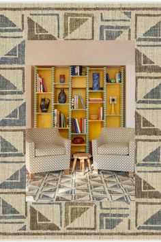 two chairs sitting in front of a yellow book shelf with books on it's sides