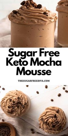 two jars filled with keto mocha and topped with chocolate chips, on top of a