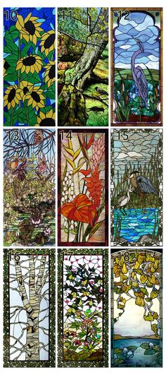 six different stained glass panels with birds and flowers on them, all in various colors