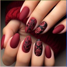 Burgundy Nails With Flower Design, Persian Nail Design, Black And Red Flower Nails, Nail Inspo Almond Minimalist, Nails For Graduation Pictures Almond, Masquerade Ball Nails, Gothic Floral Nails, Black Nails With Red Roses, Hades And Persephone Nails