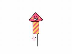 a pink and yellow stick with a face sticking out of it's end, on a white background