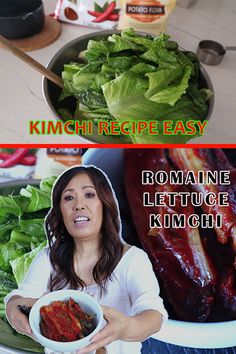 a woman holding a bowl full of lettuce next to a plate with hotdogs and ketchup