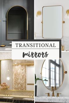 a bathroom with marble counter tops and gold fixtures, including a round mirror above the sink